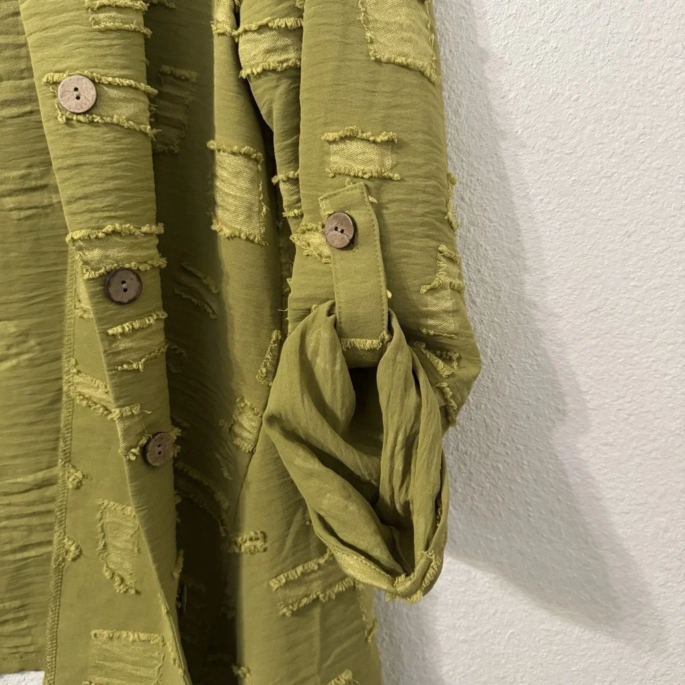 Nina Leonard Textured Tunic M Green Earthy Goblin Lagenlook Patchwork Tab Sleeve